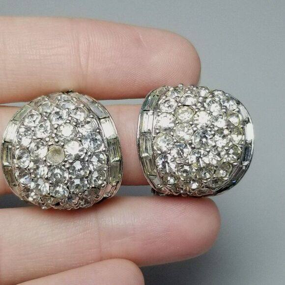 Vintage Kramer of NY Rhinestone Cluster Half Hoop Huggie Clip On Earrings - Picture 2 of 8